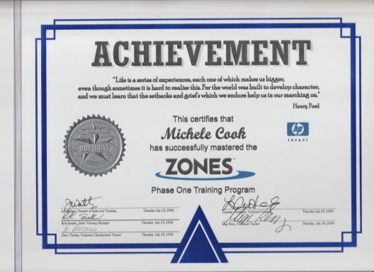 Michele Cook, Zones Training Phase 1 Achievement Certificate, #Zones Michele Cook, Zones Training Phase 1 Achievement Certificate, #Zones